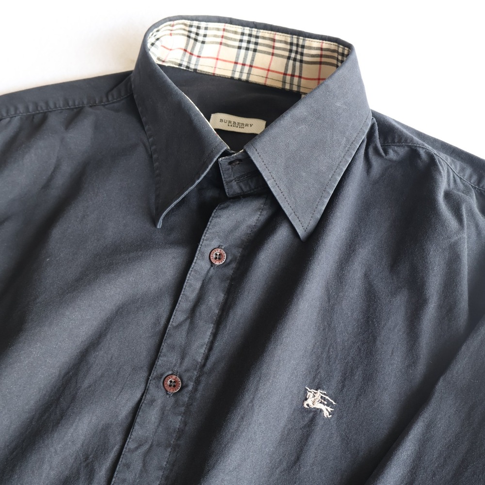 Burberry London Mens Black Nova Check Trim Long Sleeve Button Down Shirt Size L
